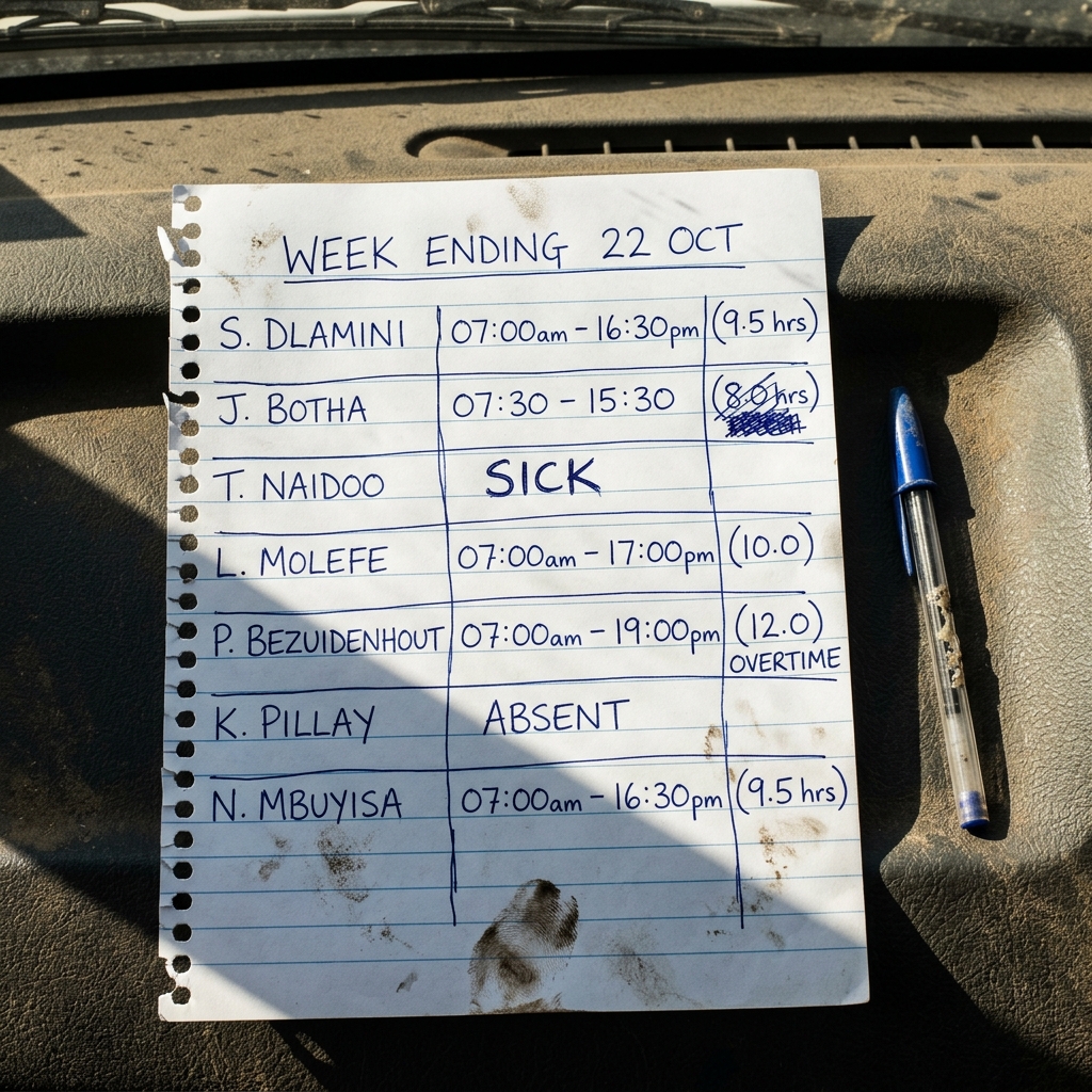 Handwritten site timesheet photographed on a vehicle dashboard